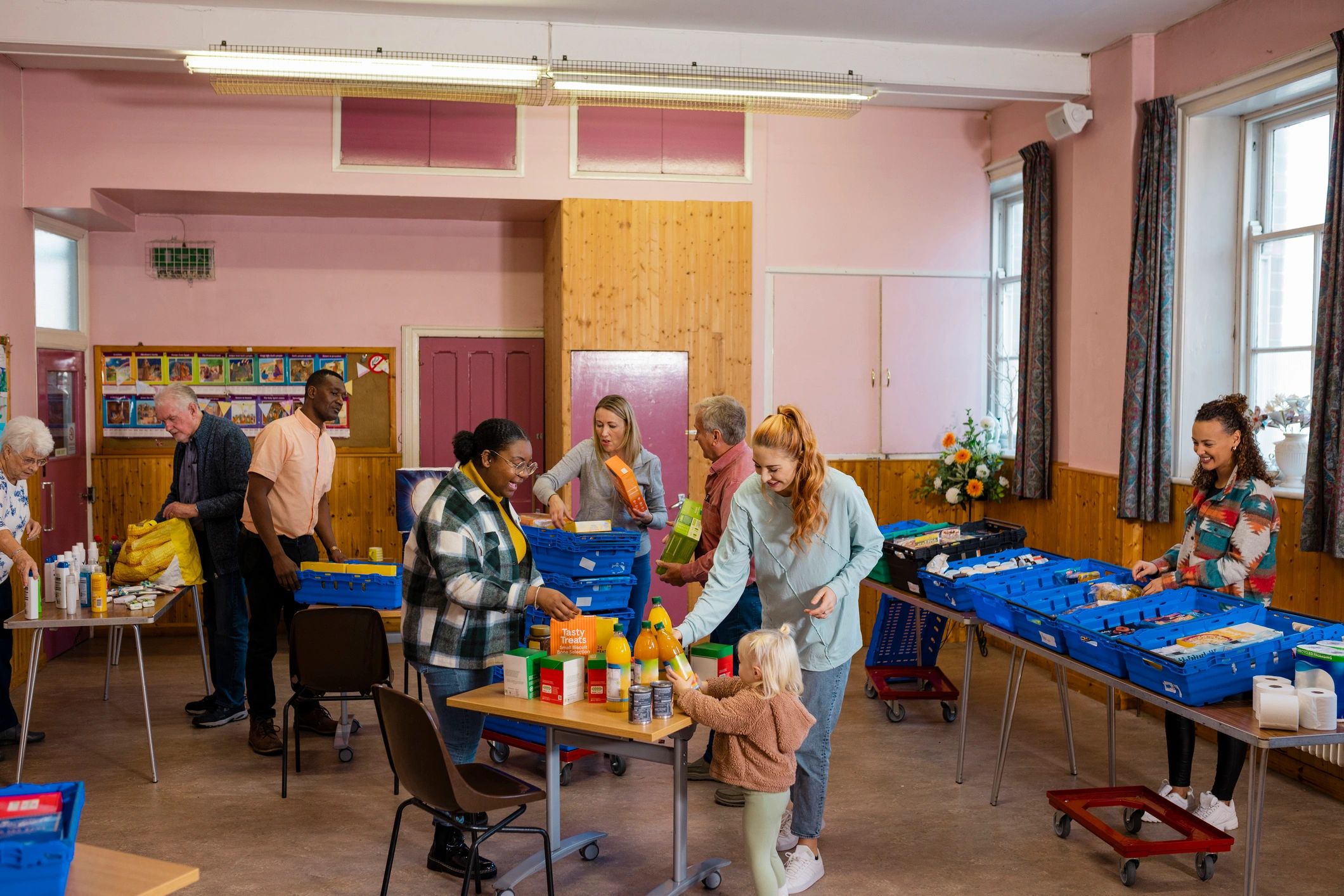 Community members gathering at a support center